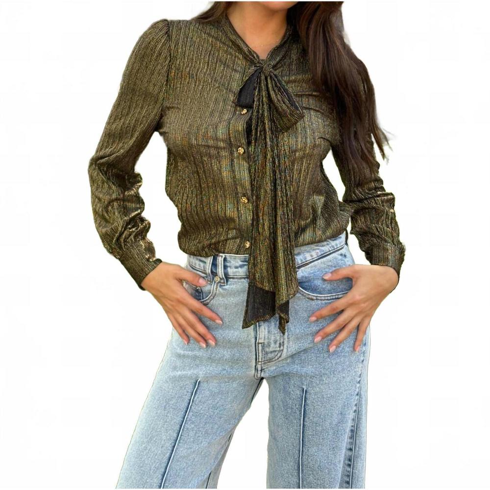 NEW BEULAHSTYLE neck tie long sleeve blouse in gold / black